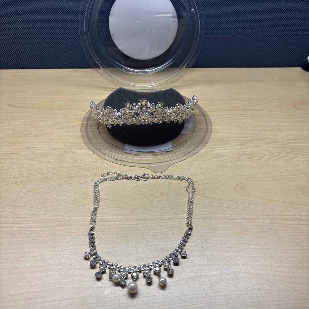Davids Bridal Tiara Collection Headpiece Crystal and Pearl Tiara And Necklace
